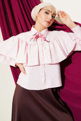 Fırfırlı Pelerin Detaylı Kısa Gömlek Pembe - DUFON