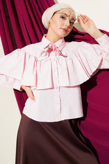 Fırfırlı Pelerin Detaylı Kısa Gömlek Pembe - Gömlek