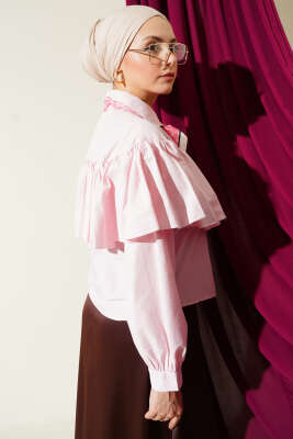 Fırfırlı Pelerin Detaylı Kısa Gömlek Pembe - Gömlek