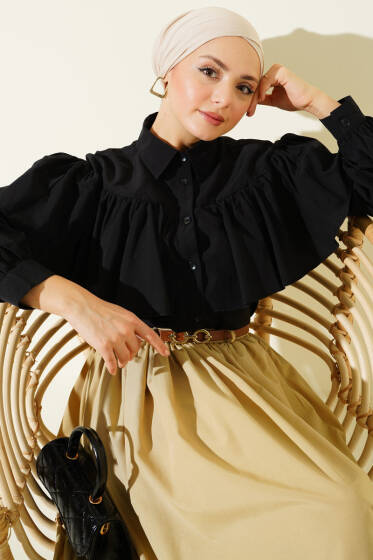 Fırfırlı Pelerin Detaylı Kısa Gömlek Siyah - Gömlek