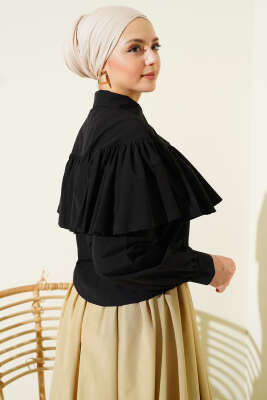 Fırfırlı Pelerin Detaylı Kısa Gömlek Siyah - Gömlek