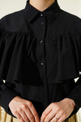 Fırfırlı Pelerin Detaylı Kısa Gömlek Siyah - Gömlek