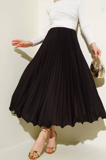 Fırfırlı Pileli Bel Lastikli Etek Acı Kahve - Etek