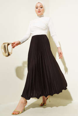 Fırfırlı Pileli Bel Lastikli Etek Acı Kahve - Uzun Etek