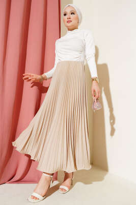 Fırfırlı Pileli Bel Lastikli Etek Bej - Uzun Etek