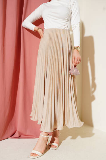 Fırfırlı Pileli Bel Lastikli Etek Bej - Uzun Etek