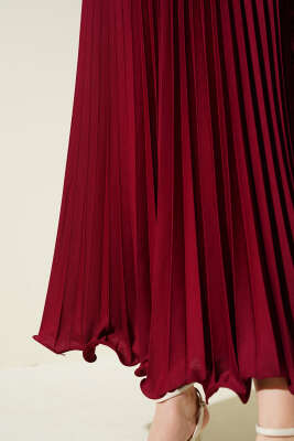 Fırfırlı Pileli Bel Lastikli Etek Bordo - Uzun Etek