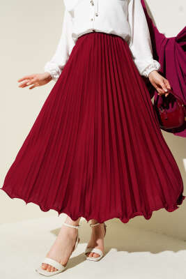 Fırfırlı Pileli Bel Lastikli Etek Bordo 