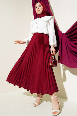 Fırfırlı Pileli Bel Lastikli Etek Bordo - Uzun Etek
