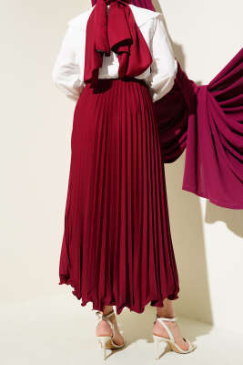 Fırfırlı Pileli Bel Lastikli Etek Bordo - Uzun Etek