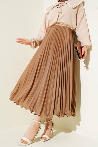 Fırfırlı Pileli Bel Lastikli Etek Büsküvi - Etek