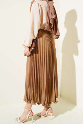 Fırfırlı Pileli Bel Lastikli Etek Büsküvi - Uzun Etek