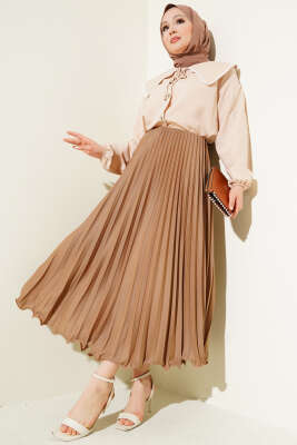 Fırfırlı Pileli Bel Lastikli Etek Büsküvi - Uzun Etek