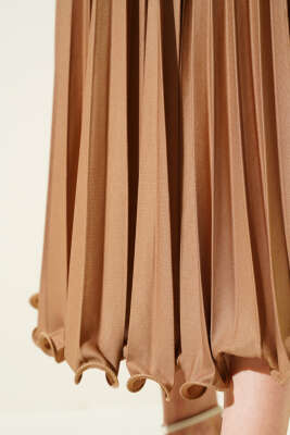 Fırfırlı Pileli Bel Lastikli Etek Büsküvi - Uzun Etek