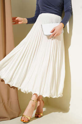 Fırfırlı Pileli Bel Lastikli Etek Ekru 