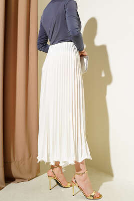 Fırfırlı Pileli Bel Lastikli Etek Ekru - Uzun Etek