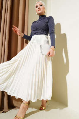 Fırfırlı Pileli Bel Lastikli Etek Ekru - Uzun Etek