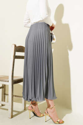 Fırfırlı Pileli Bel Lastikli Etek Füme - Uzun Etek