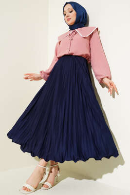 Fırfırlı Pileli Bel Lastikli Etek Lacivert - Uzun Etek