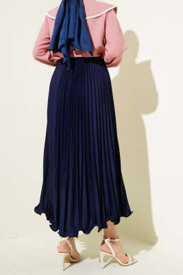 Fırfırlı Pileli Bel Lastikli Etek Lacivert - Uzun Etek