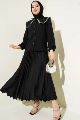 Fırfırlı Pileli Bel Lastikli Etek Siyah - Uzun Etek