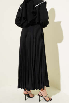 Fırfırlı Pileli Bel Lastikli Etek Siyah - Uzun Etek