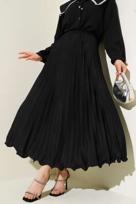 Fırfırlı Pileli Bel Lastikli Etek Siyah 