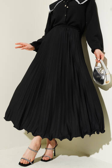 Fırfırlı Pileli Bel Lastikli Etek Siyah - Uzun Etek