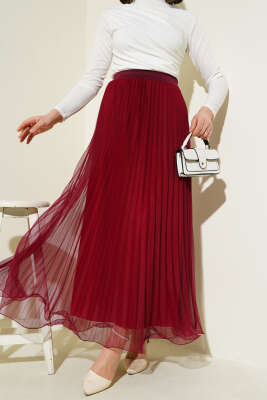 Fırfırlı Pileli Tül Etek Bordo 