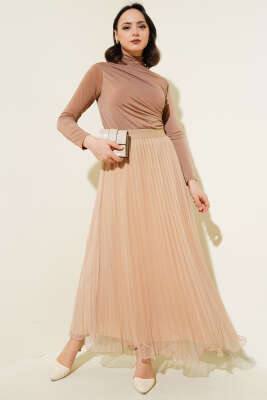 Fırfırlı Pileli Tül Etek Büsküvi - Uzun Etek