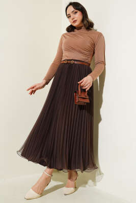 Fırfırlı Pileli Tül Etek Kahve - Uzun Etek