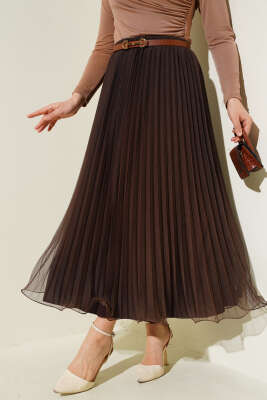 Fırfırlı Pileli Tül Etek Kahve 