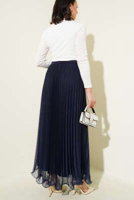 Fırfırlı Pileli Tül Etek Lacivert - Uzun Etek