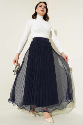 Fırfırlı Pileli Tül Etek Lacivert - Uzun Etek
