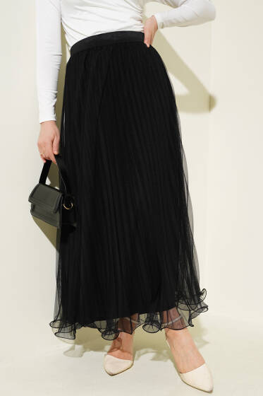 Fırfırlı Pileli Tül Etek Siyah - Etek