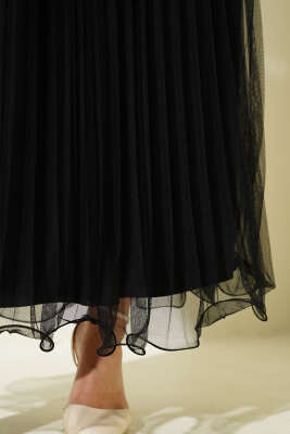 Fırfırlı Pileli Tül Etek Siyah - Uzun Etek