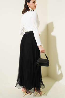 Fırfırlı Pileli Tül Etek Siyah - Uzun Etek