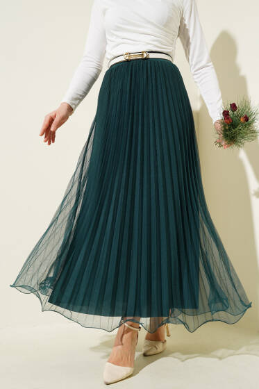 Fırfırlı Pileli Tül Etek Zümrüt - Etek