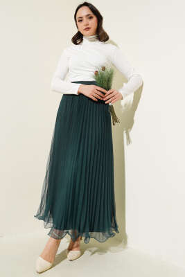 Fırfırlı Pileli Tül Etek Zümrüt - Uzun Etek