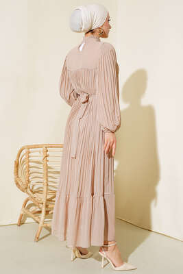 Fırfırlı Piliseli Şifon Elbise Bej - Thumbnail