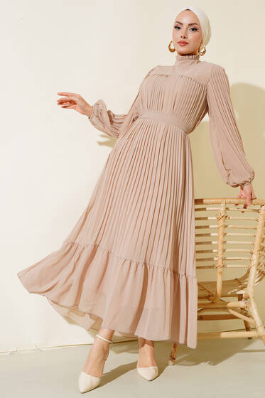 Fırfırlı Piliseli Şifon Elbise Bej - Tesettür Elbise