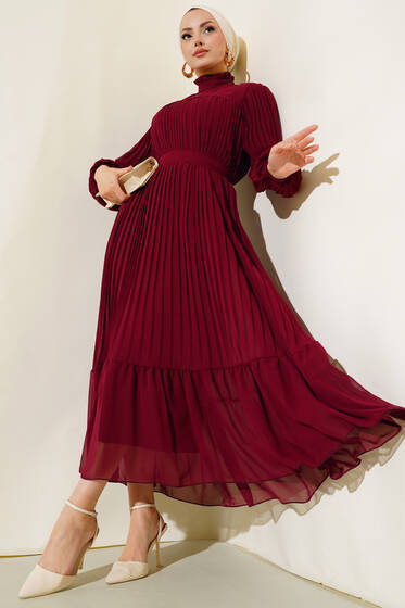 Fırfırlı Piliseli Şifon Elbise Bordo - Tesettür Elbise