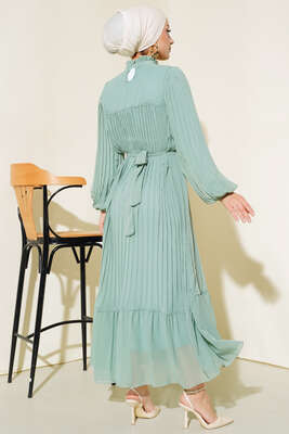 Fırfırlı Piliseli Şifon Elbise Çağla Yeşili - Thumbnail