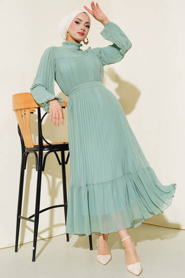 Fırfırlı Piliseli Şifon Elbise Çağla Yeşili - Tesettür Elbise