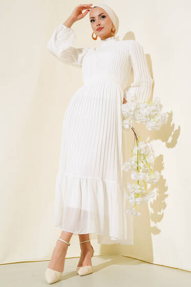 Fırfırlı Piliseli Şifon Elbise Ekru - Tesettür Elbise