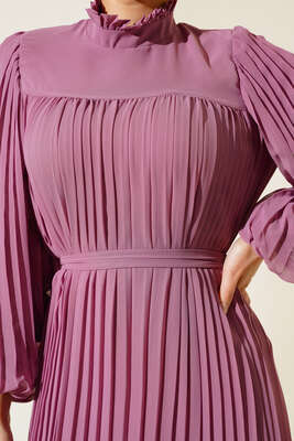 Fırfırlı Piliseli Şifon Elbise Magenta - Thumbnail