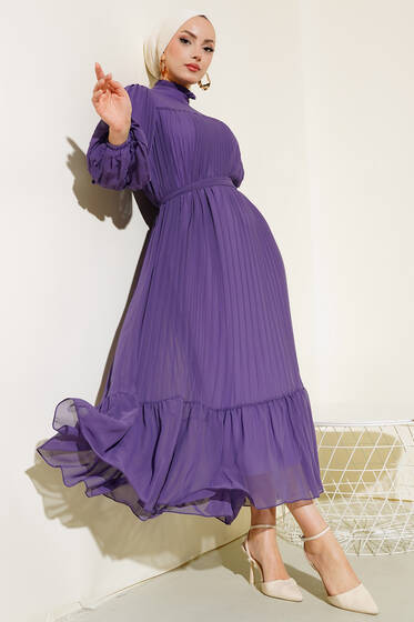 Fırfırlı Piliseli Şifon Elbise Mor - Tesettür Elbise