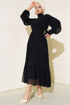 Fırfırlı Piliseli Şifon Elbise Siyah - Thumbnail