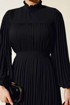 Fırfırlı Piliseli Şifon Elbise Siyah - Thumbnail
