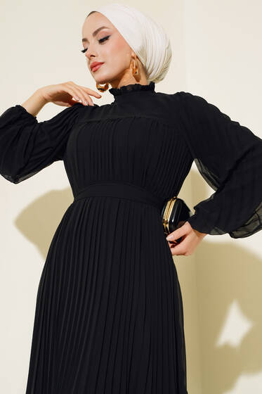 Fırfırlı Piliseli Şifon Elbise Siyah - Tesettür Elbise